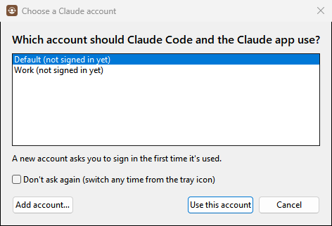 The Claude account picker on Windows 11