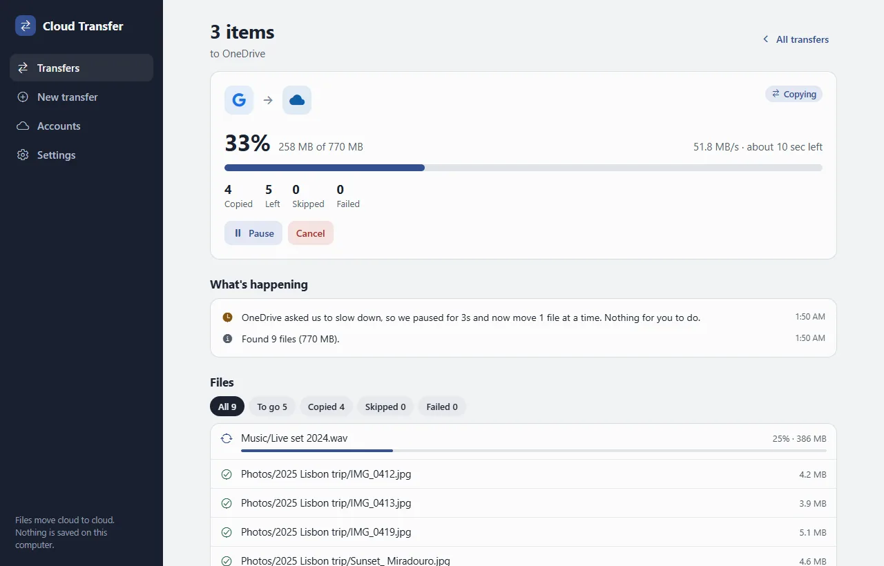 Cloud Transfer on Windows, copying folders from Google Drive to OneDrive